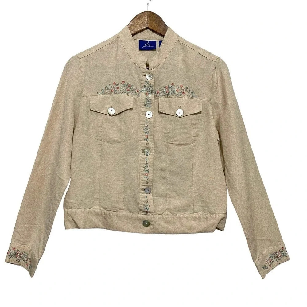 JH Collectibles Shirt Women M Tan‎ Embroidered Mandarin Collar Button Front Boho